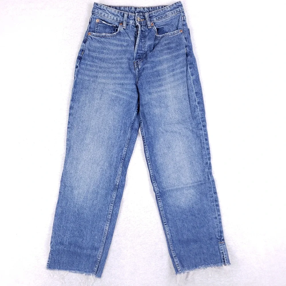 H&M‎ Divided Womens High Waist Straight Leg Blue Jeans Button Fly Raw Hem Size 4